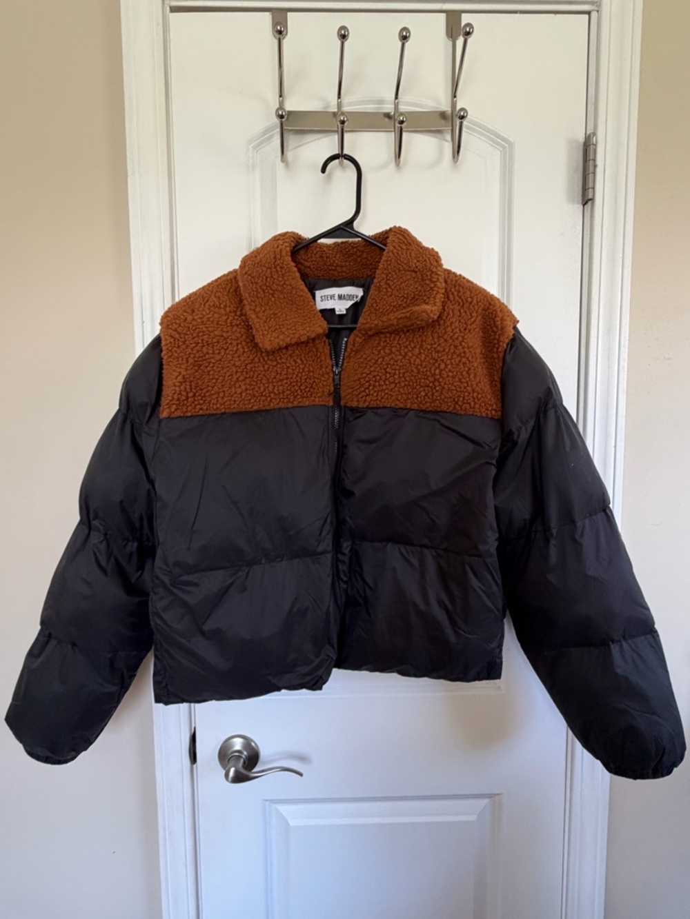 Steve Madden Black Jacket with Rust Brown Sherpa Collar